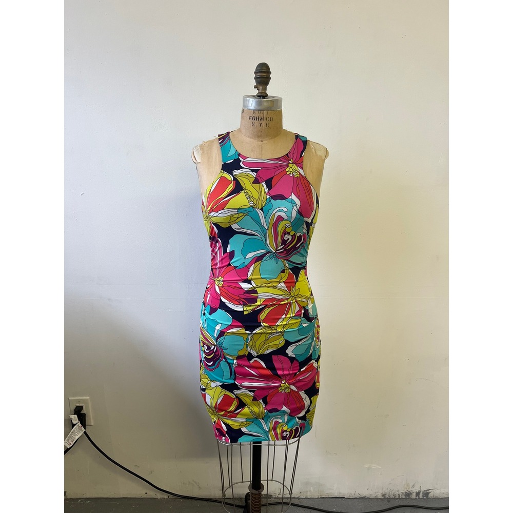 Trina Turk Floral Bodycon Sheath Dress Navy Pink Green TT161511 Womens Small